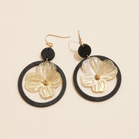 Wooden Hoop Earrings with Metallic Floral Charm