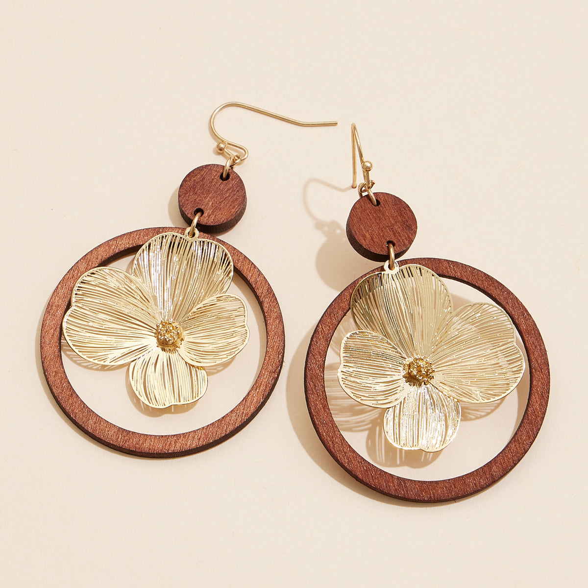 Wooden Hoop Earrings with Metallic Floral Charm