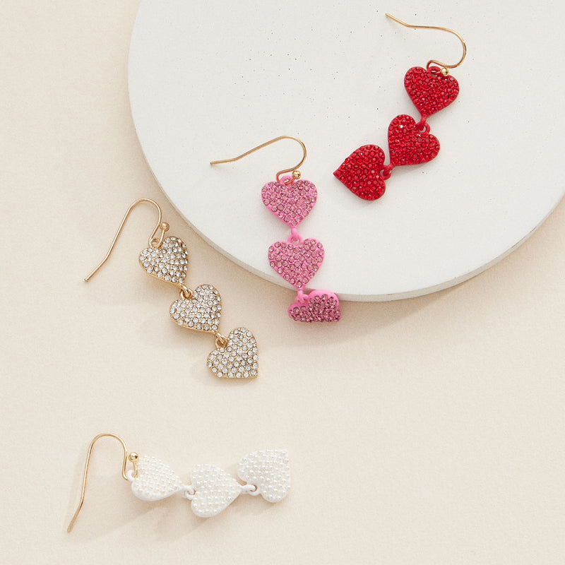 Triple Heart Drop Earrings with Sparkling Crystals in Bold Colors