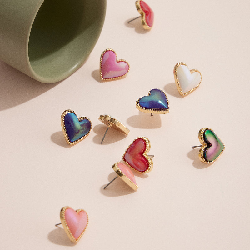 Gold Trim Heart Stud Earrings - Colorful Enamel Jewelry