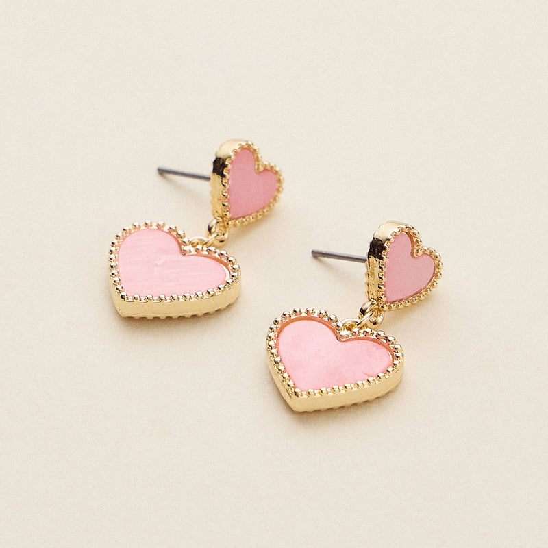 Double Heart Shell Drop Earrings – Natural Shell Inlay with Metal Trim in Pink, Red, White, or Black