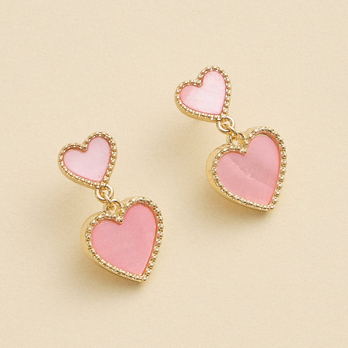 Double Heart Shell Drop Earrings – Natural Shell Inlay with Metal Trim in Pink, Red, White, or Black