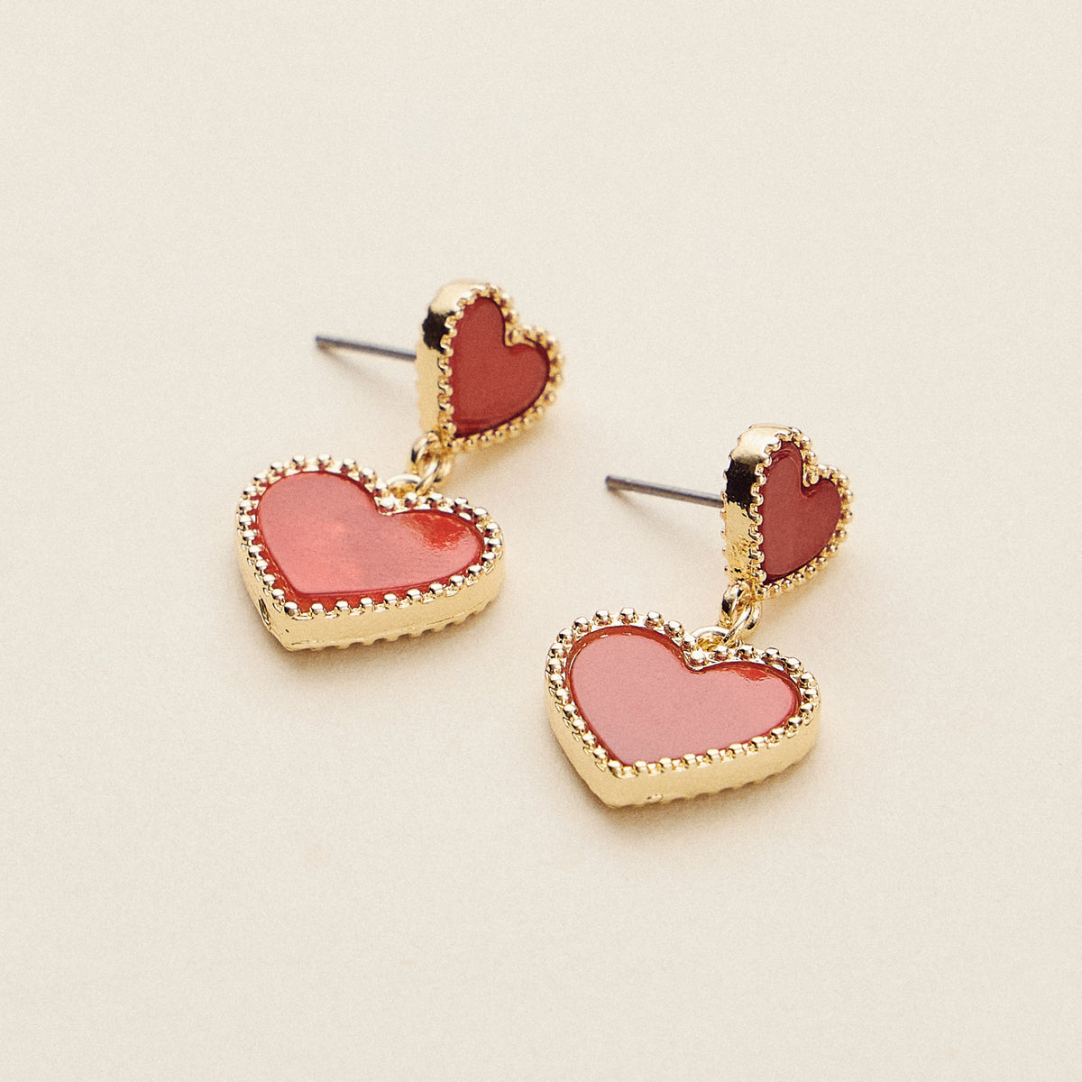 Double Heart Shell Drop Earrings – Natural Shell Inlay with Metal Trim in Pink, Red, White, or Black