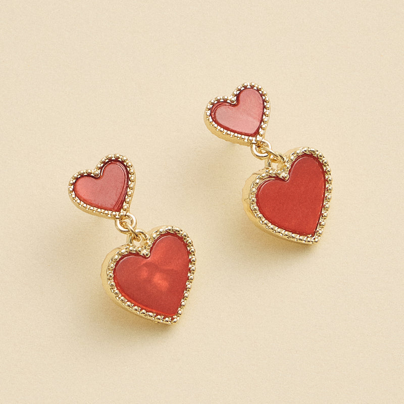 Double Heart Shell Drop Earrings – Natural Shell Inlay with Metal Trim in Pink, Red, White, or Black