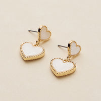 Double Heart Shell Drop Earrings – Natural Shell Inlay with Metal Trim in Pink, Red, White, or Black