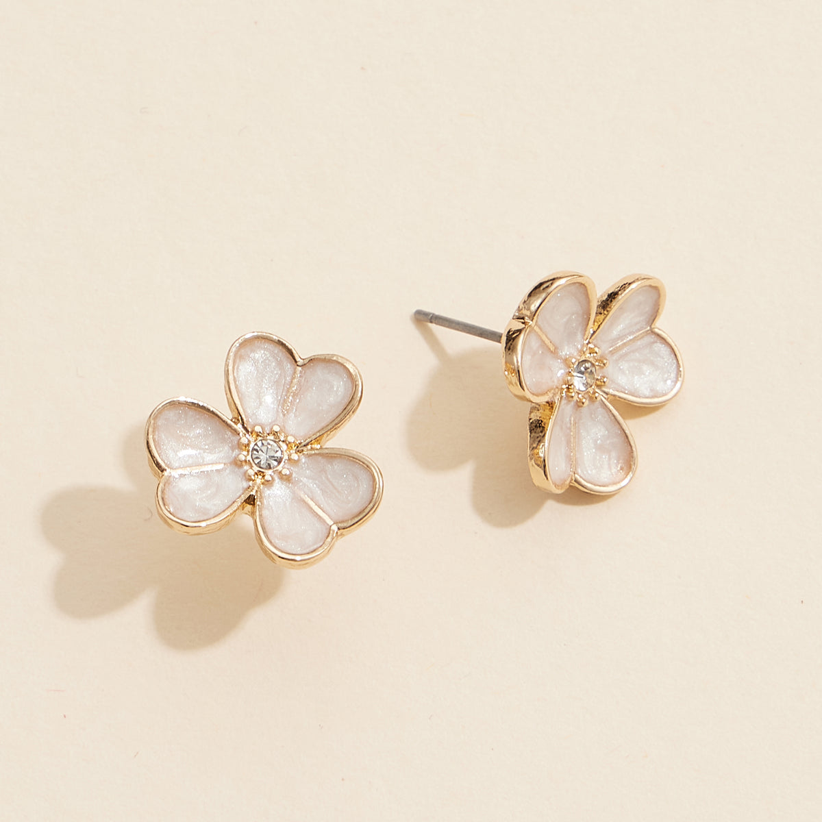 Delicate Flower Stud Earrings with Pearl Inlay and Rhinestone Center