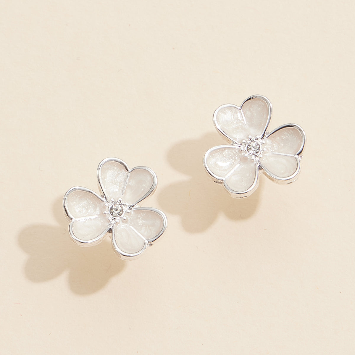 Delicate Flower Stud Earrings with Pearl Inlay and Rhinestone Center