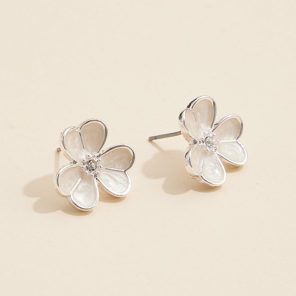 Delicate Flower Stud Earrings with Pearl Inlay and Rhinestone Center