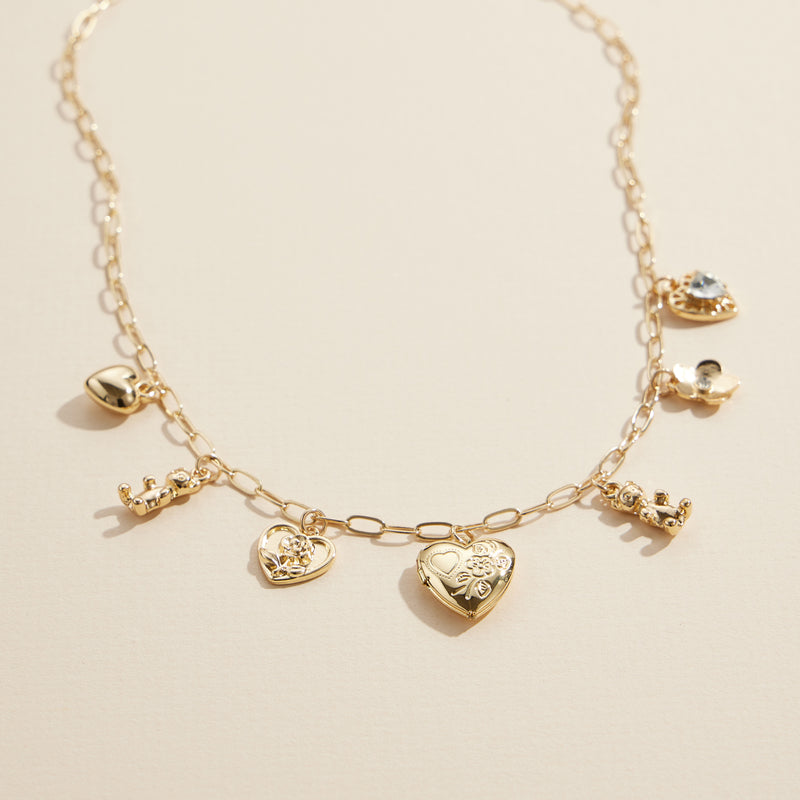 Charm Necklace with Adjustable Chain with Teddy bear and Floral Charms