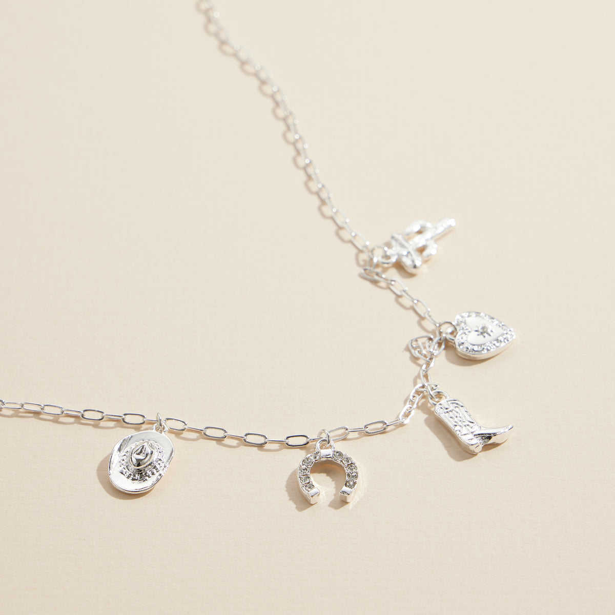 Western Charm Necklace with Horseshoe, Boot, Heart, and Cactus Charms