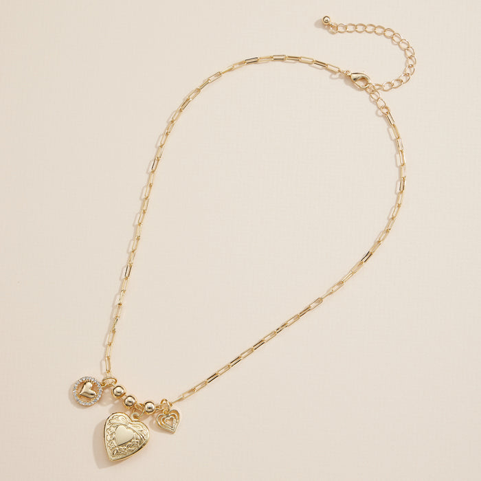 Heart Charm Necklace with Locket – Elegant Layered Chain Jewelry