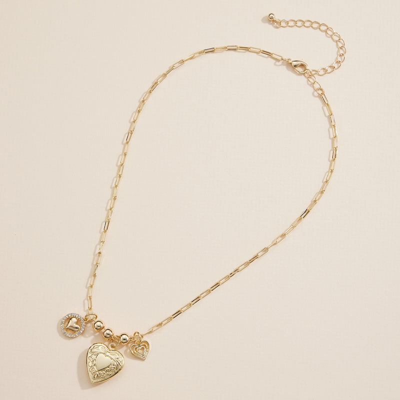 Heart Charm Necklace with Locket – Elegant Layered Chain Jewelry