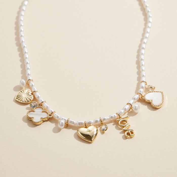 Pearl Charm Necklace with Gold & Silver Accents – Love & Heart Pendant Jewelry