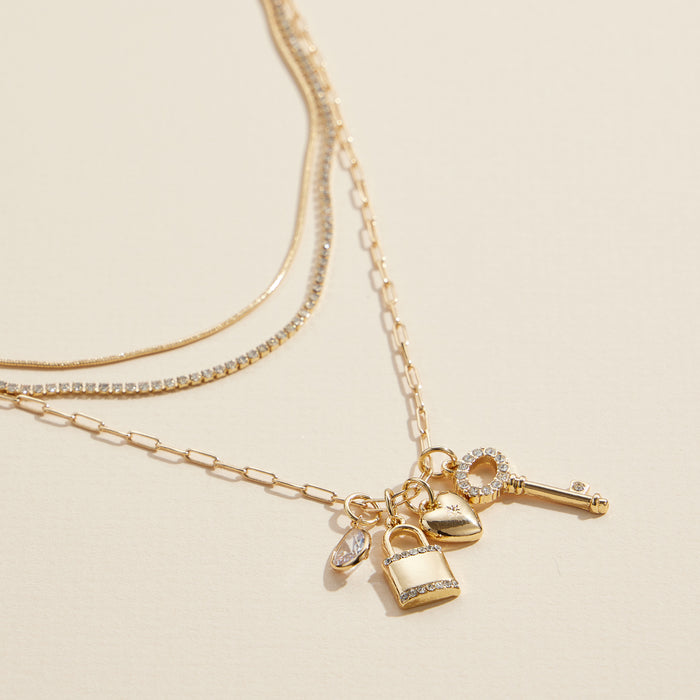 Layered Necklace with Lock, Key & Heart Charms