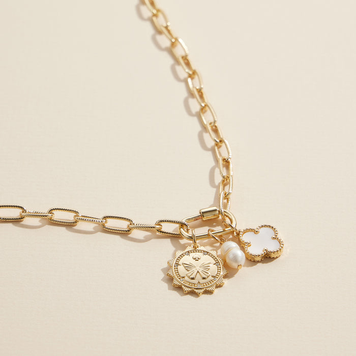 Chain Necklace with Butterfly, Pearl, and Clover Charms