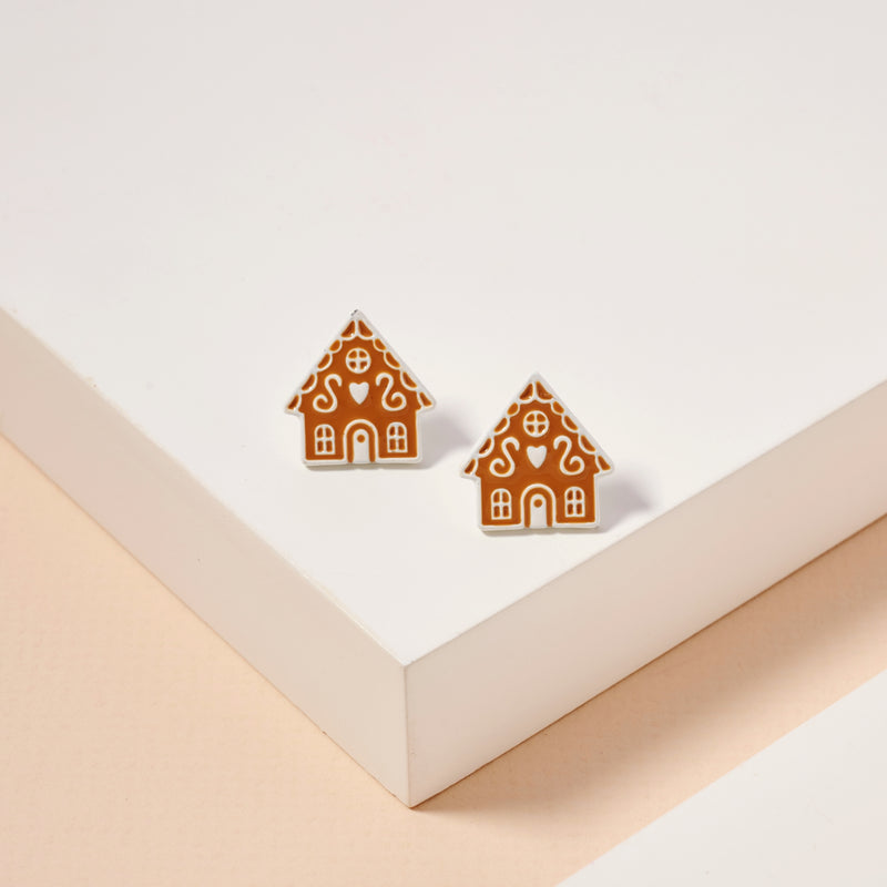 Gingerbread House Christmas Enamel Stud Earrings