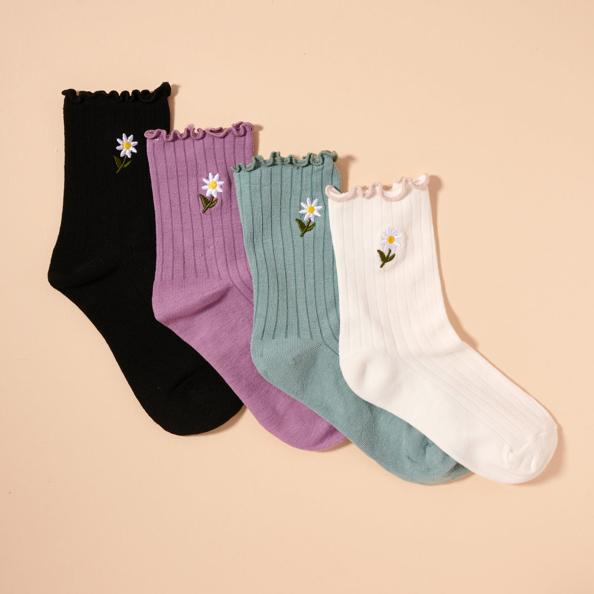 Floral Embroidery Mid Calf Socks Assorted Pack of 4