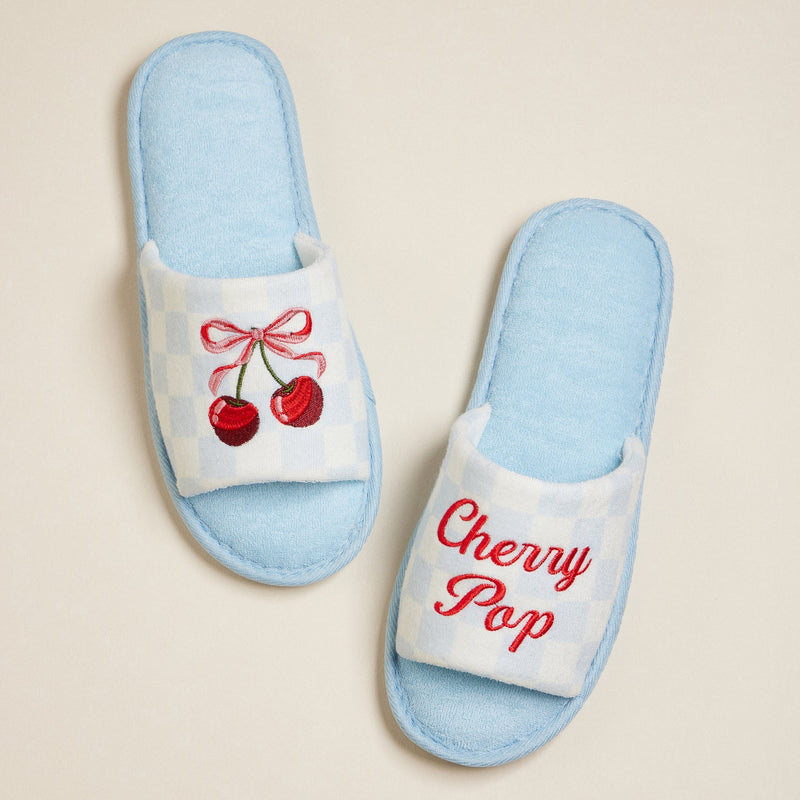 Cherry Pop Bow Embroidered Poolside Slides