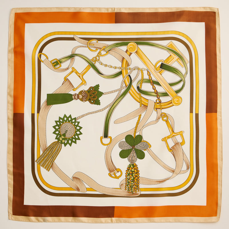 Equestrian-Inspired Silk-Texture Scarf – Elegant Square Scarf with Buckle & Tassel Design