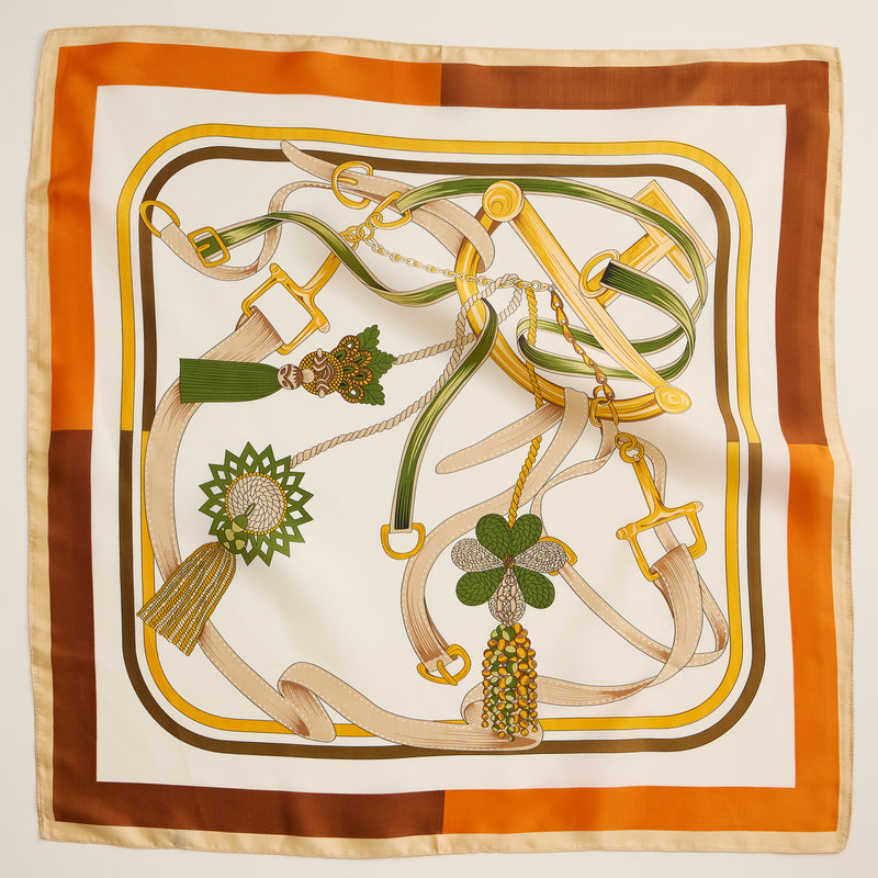 Equestrian-Inspired Silk-Texture Scarf – Elegant Square Scarf with Buckle & Tassel Design