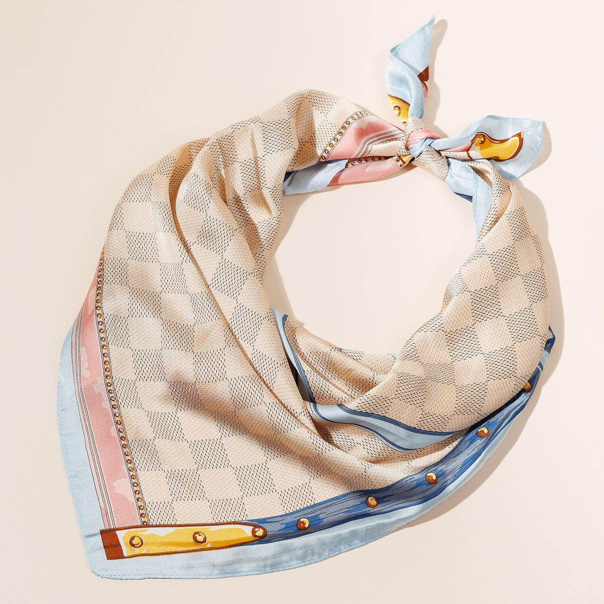 Luxury Trunk-Inspired Silk-Texture Scarf – Elegant Checkered Square Scarf