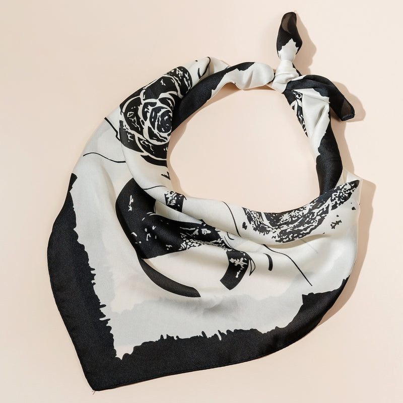 Black & White Silk-Feel Scarf – Abstract Floral & Horseshoe Print in Soft Polyester