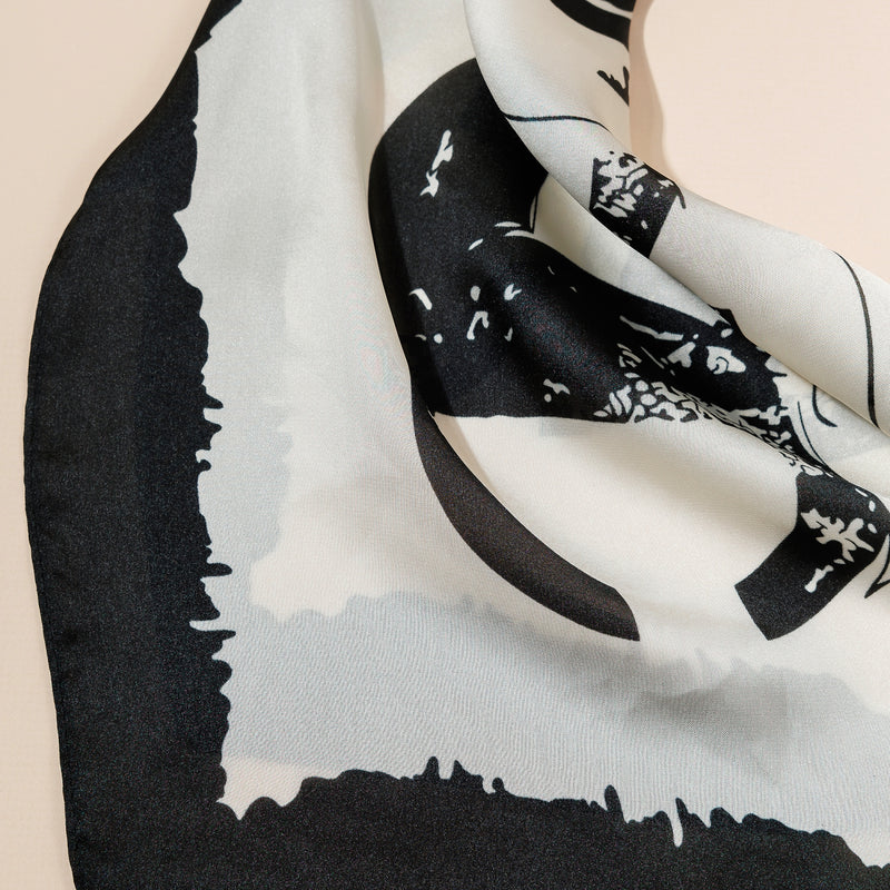 Black & White Silk-Feel Scarf – Abstract Floral & Horseshoe Print in Soft Polyester