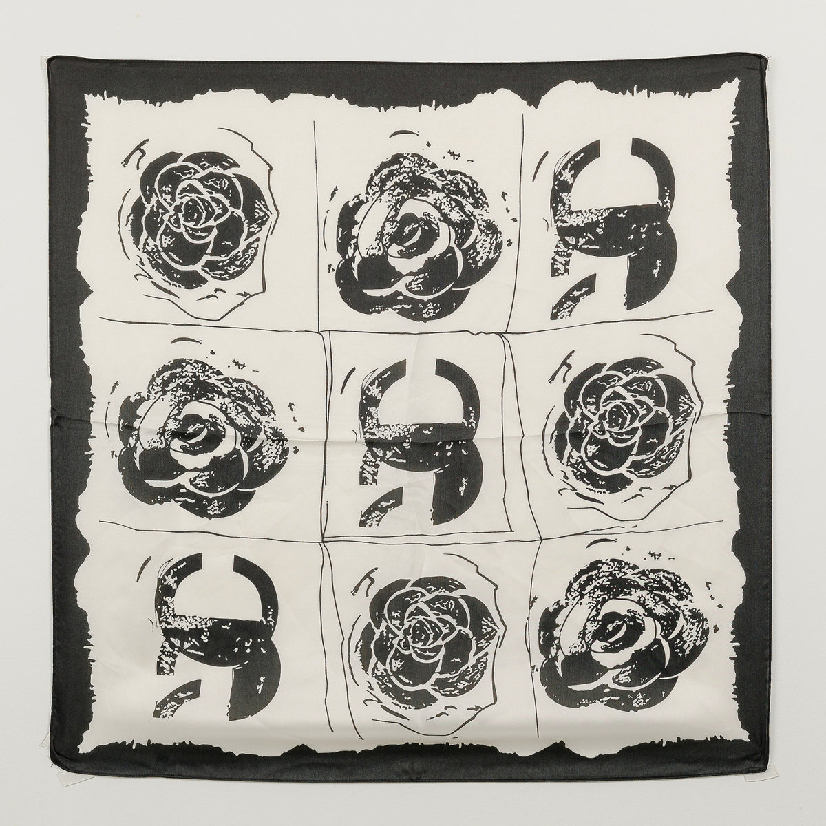 Black & White Silk-Feel Scarf – Abstract Floral & Horseshoe Print in Soft Polyester