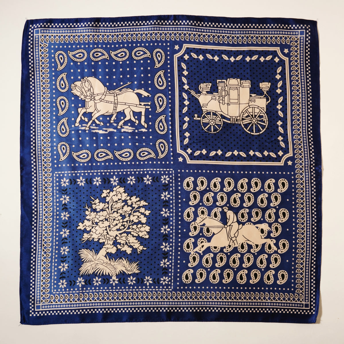 Western-Inspired Silk-Feel Scarf – Vintage Horse & Carriage Paisley Print in Soft Polyester