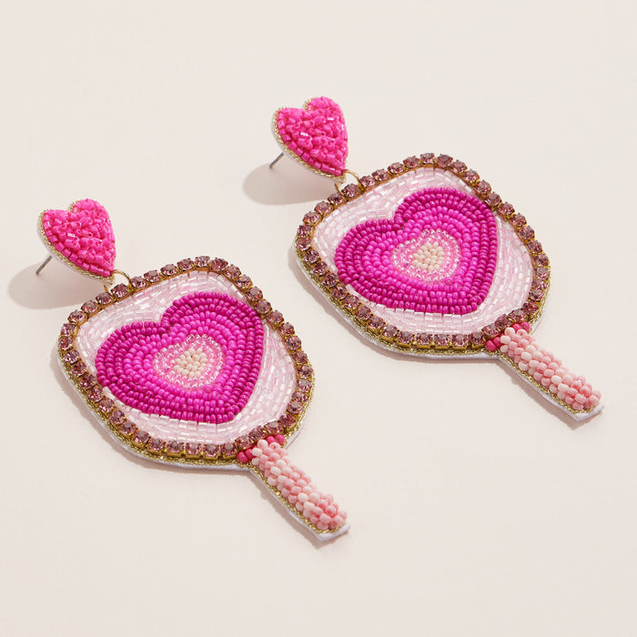 Hand-Beaded Heart Pickle Ball Drop Earrings