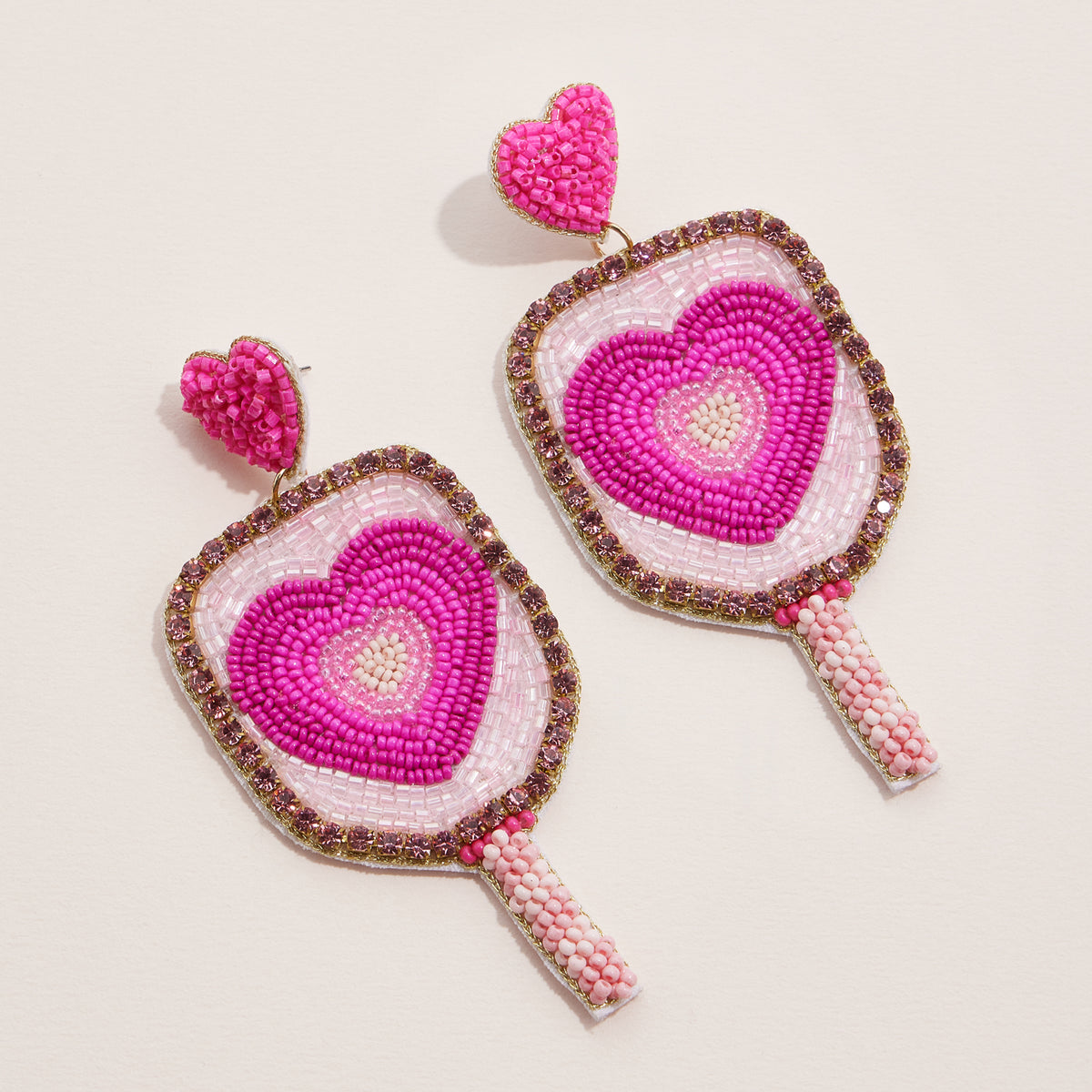 Hand-Beaded Heart Pickle Ball Drop Earrings