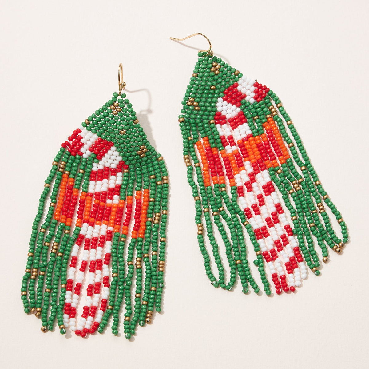 Christmas Candy Cane Seed Bead Fringe Earrings