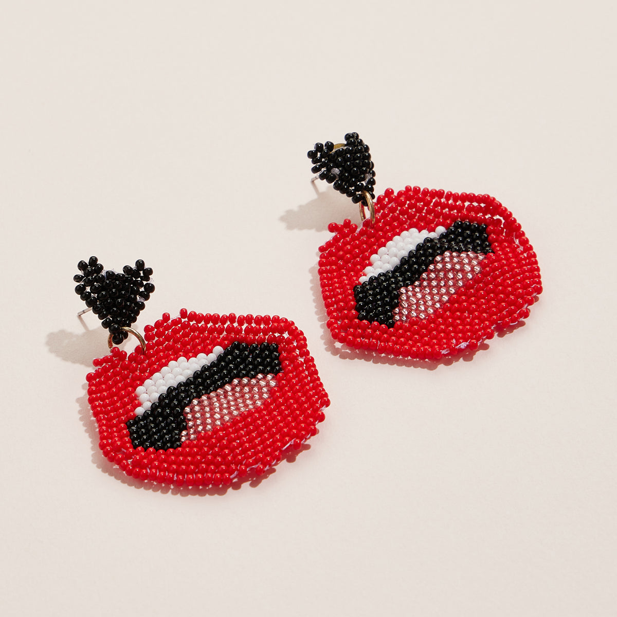 Beaded Red Lips Statement Earrings