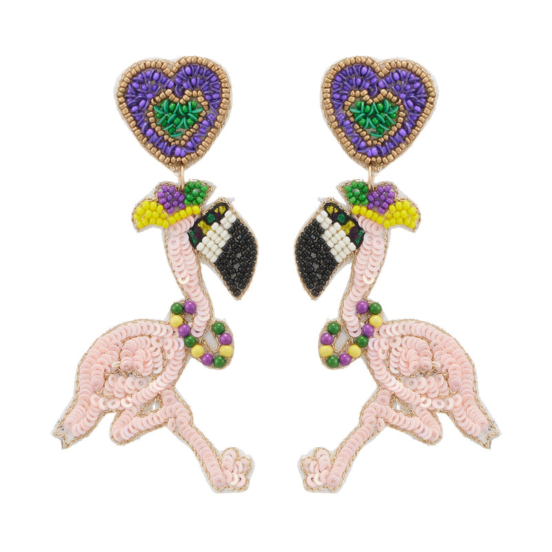 Mardi Gras Flamingo Seed Beads Earring