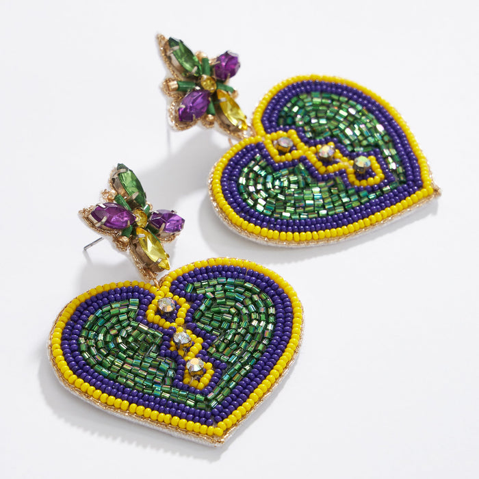 Mardi Gras Heart Seed Beads Earring