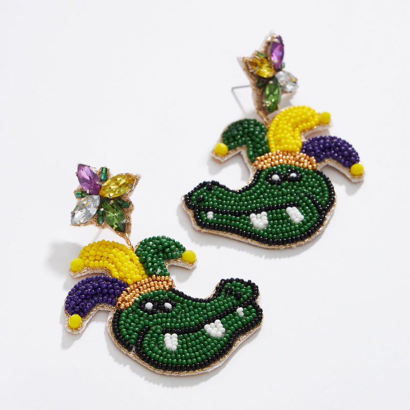 Mardi Gras Crocodile Seed Beads Earring