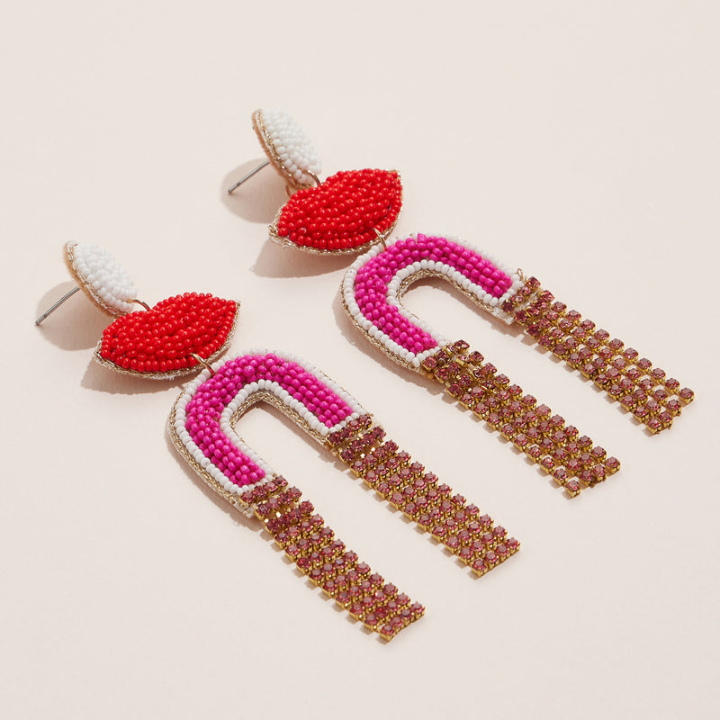 Bold Beaded Lip and Arch Drop Earrings with Pink and Gold Fringe