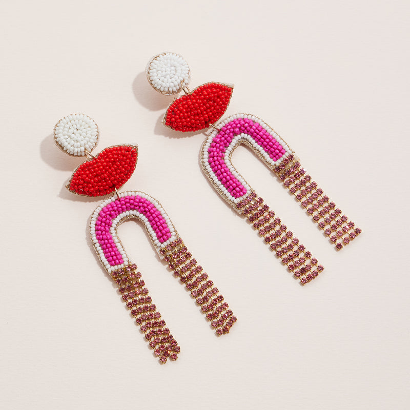 Bold Beaded Lip and Arch Drop Earrings with Pink and Gold Fringe