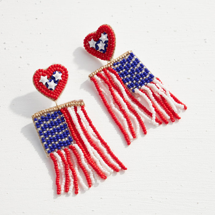 July Fourth National Flag Tassel Seed Bead Earrings