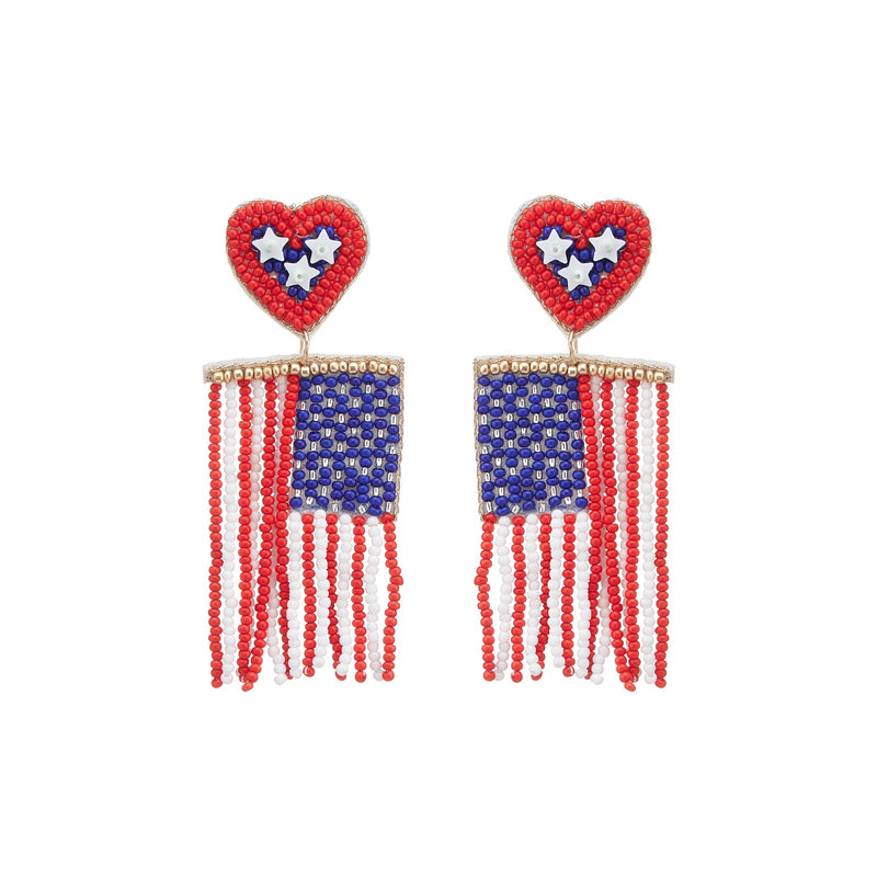 July Fourth National Flag Tassel Seed Bead Earrings