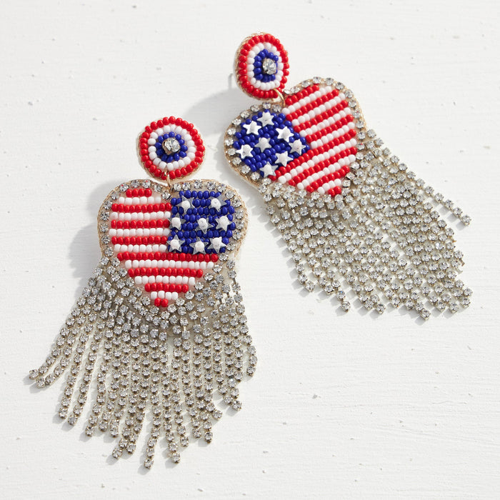 July Fourth Seed Bead Clear Tassel Earrings