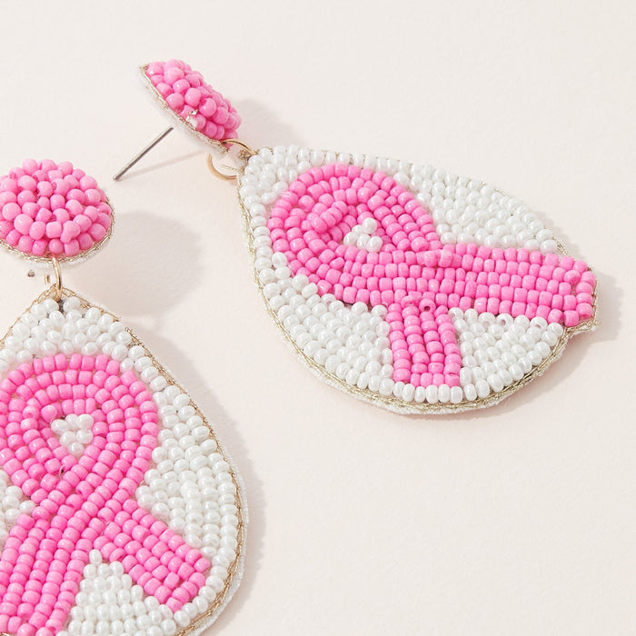 Pink Ribbon Seed Bead Teardrop Earrings