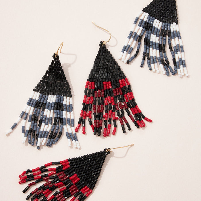 Checkered Christmas Tree Seed Bead Tassel Earrings