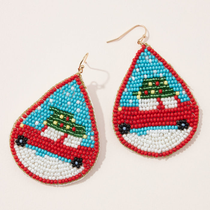 Christmas Tree On A Car Seed Bead Teardrop Earrings