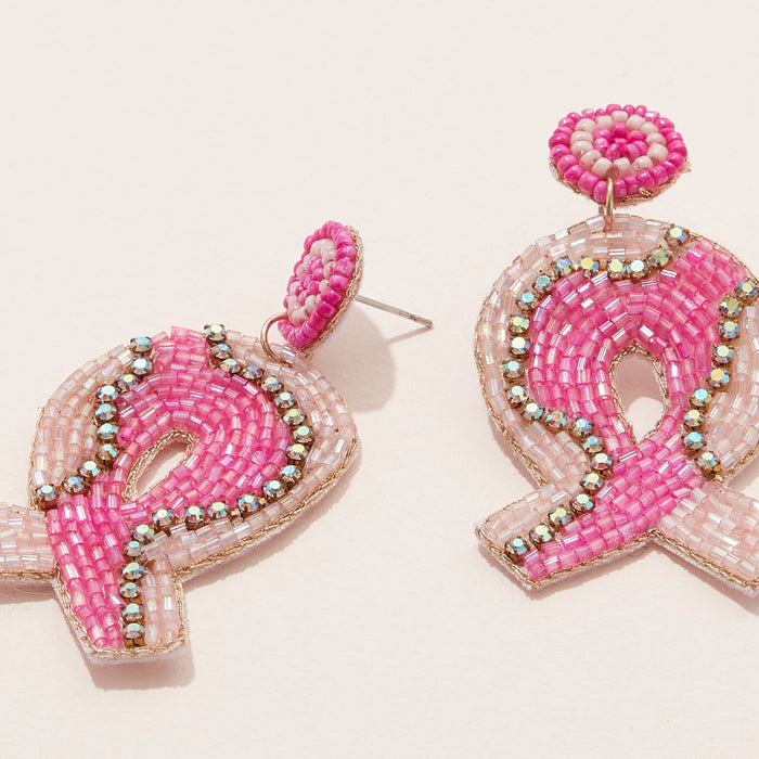 Pink Ribbon Seed Bead Earrings