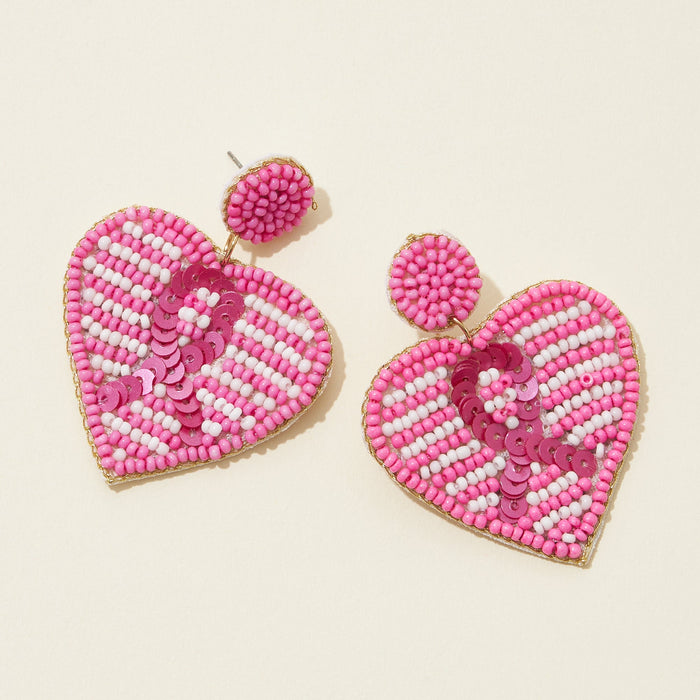 Pink Ribbon Heart Drop Seed Bead Earrings