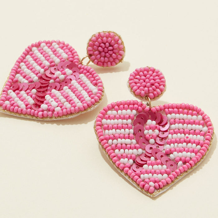 Pink Ribbon Heart Drop Seed Bead Earrings