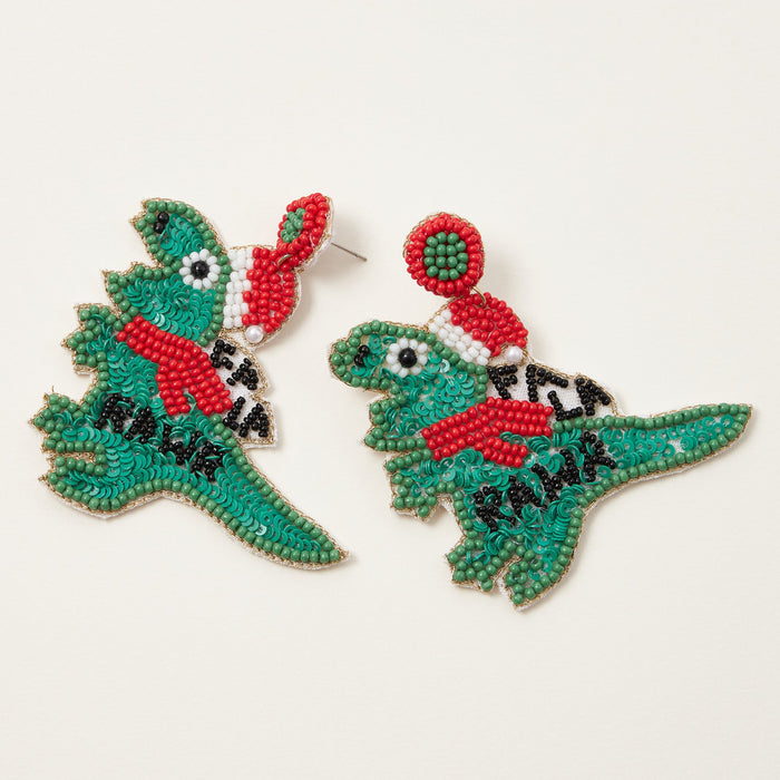 RAWR! Dinosaur Santa Seed Bead Earrings