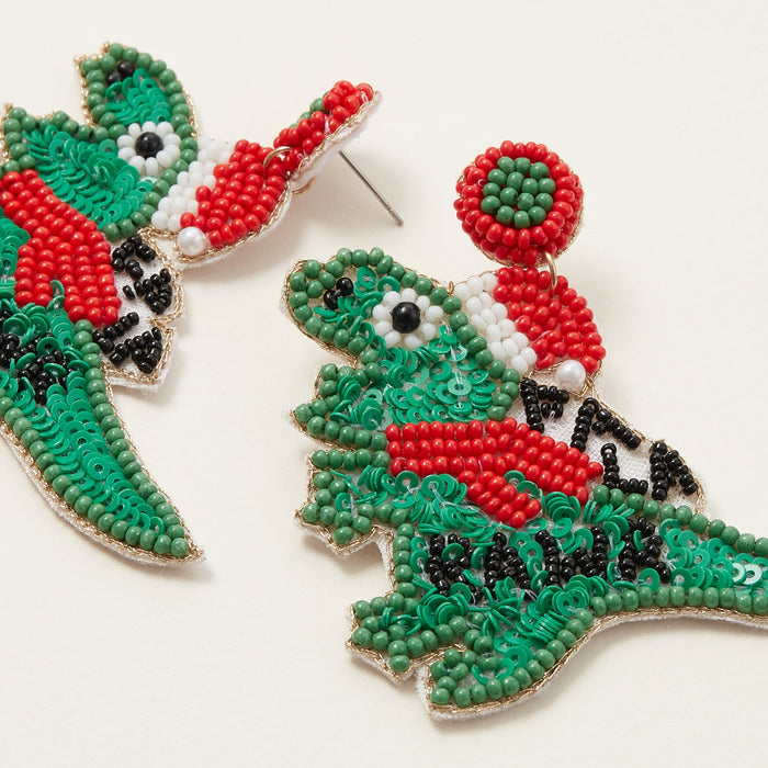 RAWR! Dinosaur Santa Seed Bead Earrings