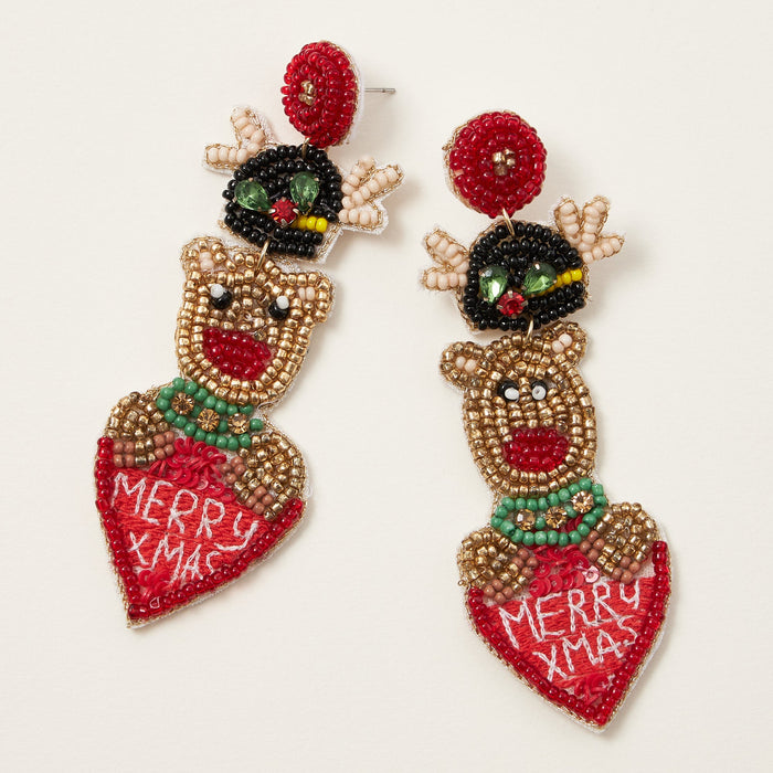 Merry X Mas Rudolf Reindeer Seed Bead Earrings